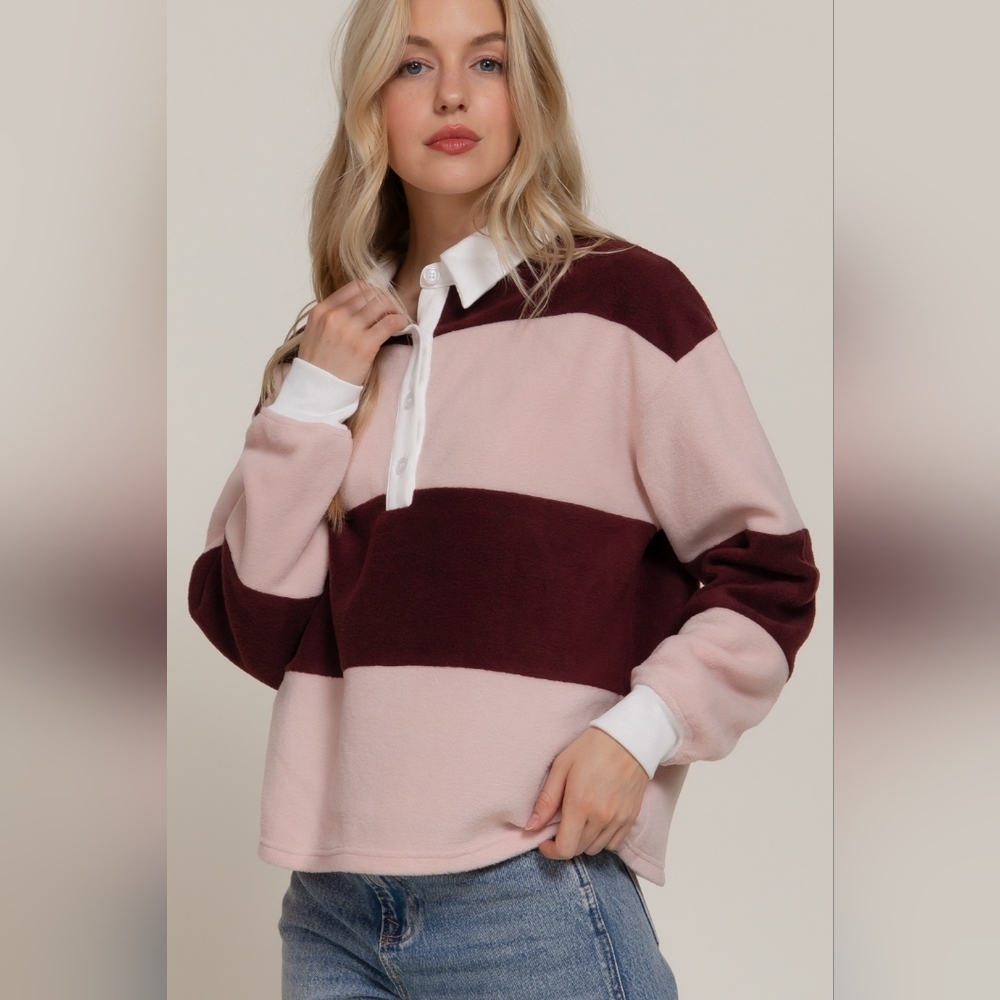 Long Sleeve Rugby Pink Burgandy Striped Fleece Polo Shirt - Picture 2 of 4